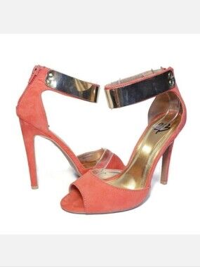 2B Bebe Faux Suede Stiletto Sandal Gold Ankle Wrap Womens Size 7 Orange Heels